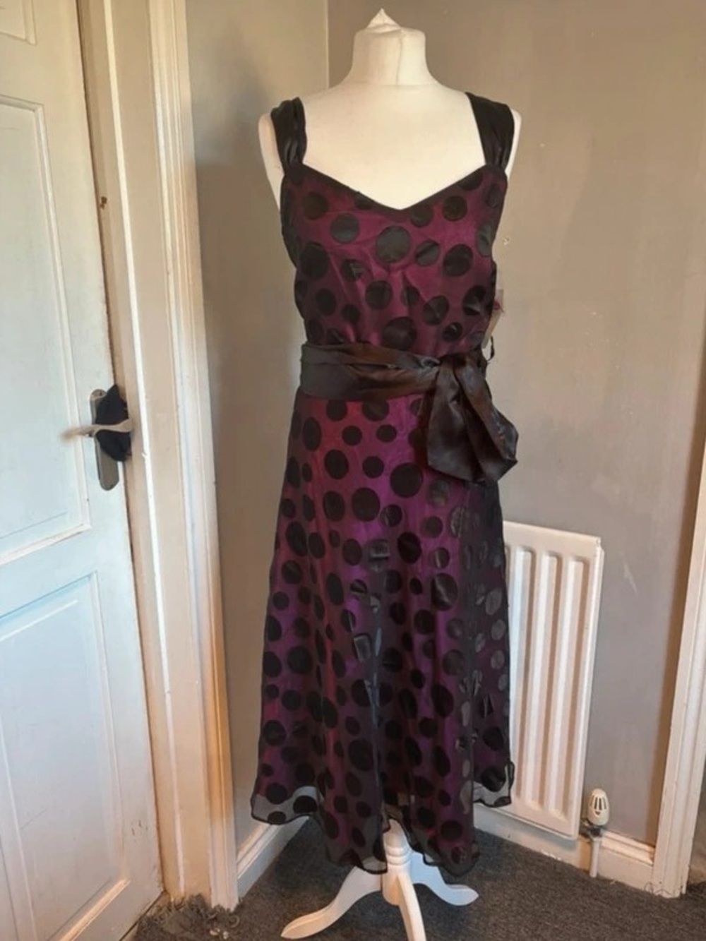 Purple Polka Dot Maxi Dress with Black Sash